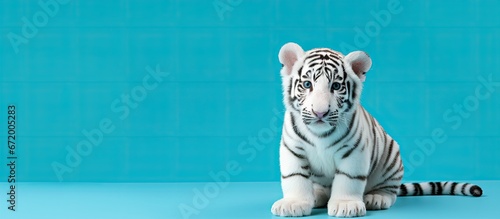 A solitary toy tiger in white set apart on a vibrant turquoise blue backdrop