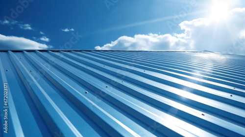 Roof metal sheet with blue sky with clouds.