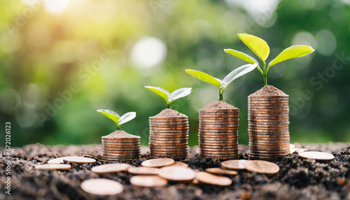 money coins sprouting as plants, piggy bank, and clock representing financial growth, savings, inflation, and long-term investment opportunities. Financial investment and prosperity with interest