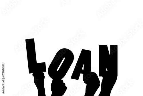 Digital png illustration of hands and loan text on transparent background