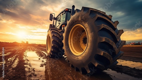 Big rubber wheels of soil grade tractor car earthmoving at road construction side. Close-up of a dirty loader wheel with a large tread with sky sunset : Generative AI