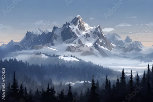 Mountain with snow on the top in taiga pine forest landscape, Digital art