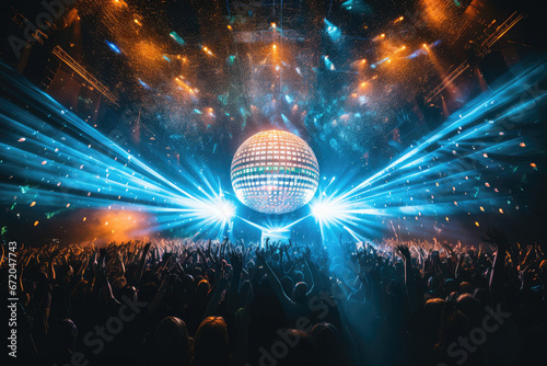 Party in concert stage with disco ball of the disco era