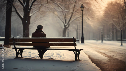 A lonely man sitting on a bench in winter. 