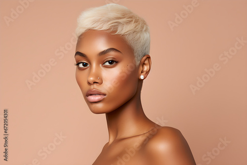 Young adult happy Black woman beauty female model, pretty cool gen z African lady with short blond hair healthy face skin and nose piercing looking at camera isolated at beige background