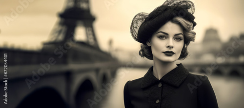 Elegant French woman in black outfit with hat, vintage style, by Seine River and Eiffel Tower.