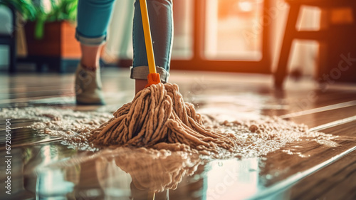 A young woman cleaning floor with wet mop at home.generative ai
