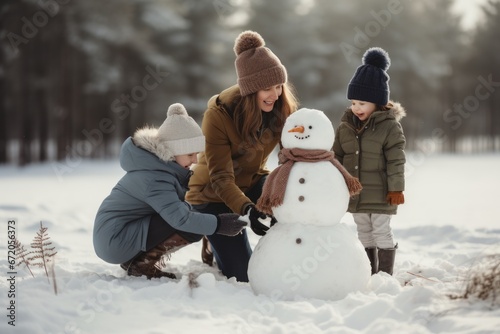 Happy family mother and children having fun, plaing with a snowman on a snowy winter walk.