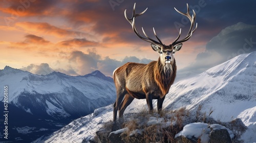 Composite image of red deer stag in Beautiful Alpen Glow hitting mountain peaks in Scottish Highlands during stunning Winter landscape sunrise