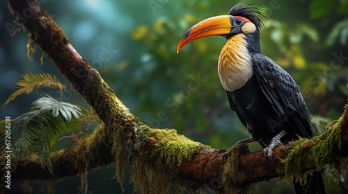 A beautiful adult male Rufous-necked hornbill (Aceros nipalensis) perched on a tree branch in a forest at Mahananda Wildlife Sanctuary, Latpanchar, Darjeeling, West Bengal, India