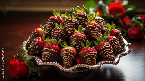 Delicious and fresh strawberries dipped in melted chocolate from a fountain