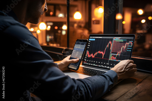 Investor using mobile phone and laptop checking trade market data. Stock trader broker looking at computer analysing trading crypto currency finance market crypto stock market data, over shoulder view