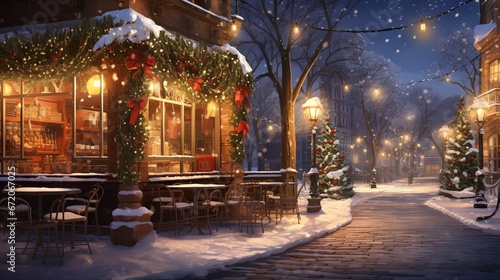 Winter wonderland: a cozy Christmas coffee shop with snow and warm light decoration