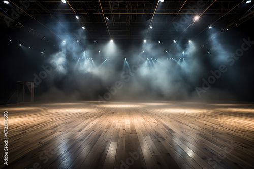 An empty stage for a performance in the rays of spotlights and clouds of smoke. Generated by artificial intelligence