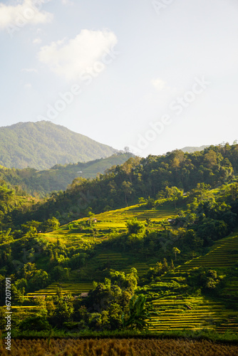 Sunny day and terraced fields, mountainous landscapes in Ha Giang, the Northern Area of Vietnam