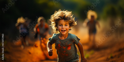 Little boy running alone at high speed with motion blur.