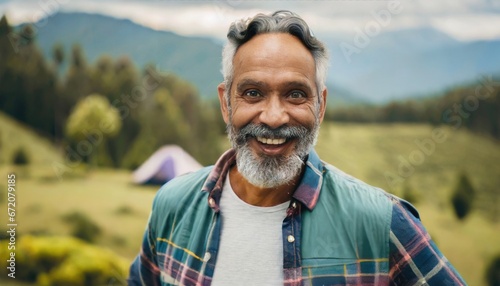 Happy older bearded man standing in nature park outdoors and laughing. Smiling active mature senior traveler looking at camera advertising camping tourism. Close up face front portrait