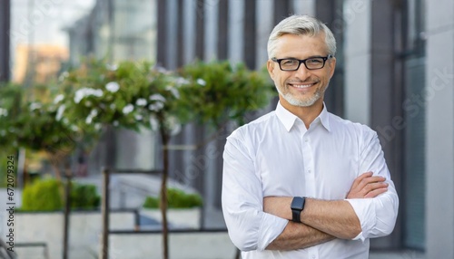 Confident happy mature older business man leader, smiling middle aged senior old professional businessman wearing white shirt glasses crossed arms looking at camera standing outside