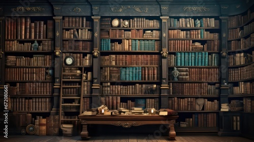 A library wall adorned with rows of old ancient books, containing a wealth of historical texts and manuscripts.