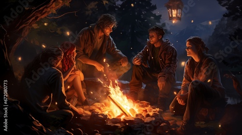 A group of friends roasting marshmallows over a fire