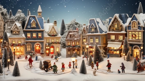 A festive holiday village display with miniature houses and figures