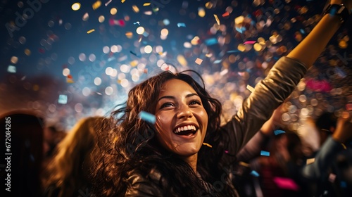 Upbeat dressed individuals celebrating at carnival party tossing confetti - Youthful companions having fun together at fest occasion - Youth, hangout, happy and joy concept