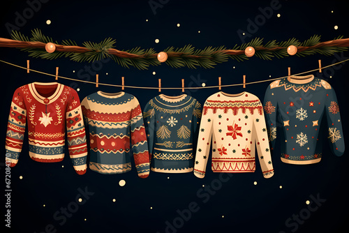 Illustration of Christmas sweaters on a dark background