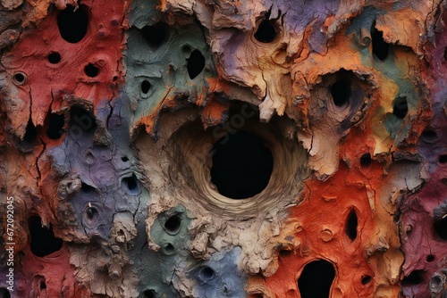 Abstract background of tree bark with holes in the shape of a hole