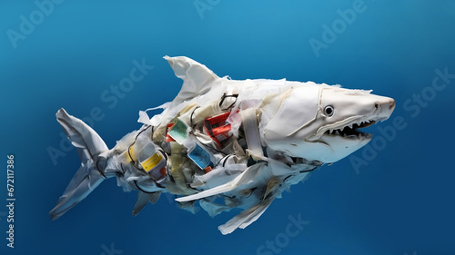 Shark made of crumpled discarded plastic waste isolated on blue background. The ecology concept of damage environment, ocean and water pollution, recycling and nature conservation.