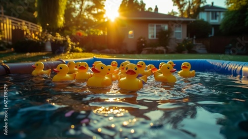 AI generated illustration of a vibrant swimming pool cheerful yellow rubber duckies