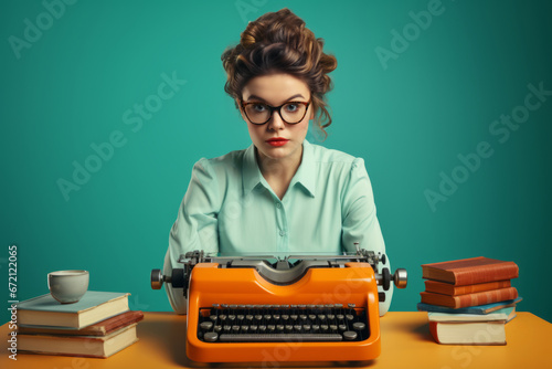 Thoughtful female writer with a typewriter ready to compose