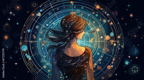 Woman, girl astrologer against the backdrop of the starry sky of the universe with the astrological zodiac circle of the natal chart and planetary transits