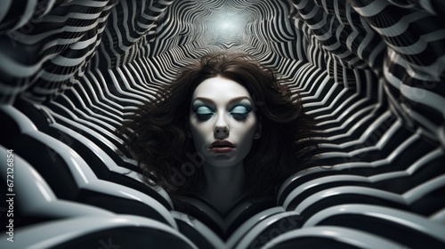 Mental health concept. Illusions of the mind inside a hypnosis session, an alternative technique for psychological assistance by a psychotherapist. Woman sleeper in the corridor
