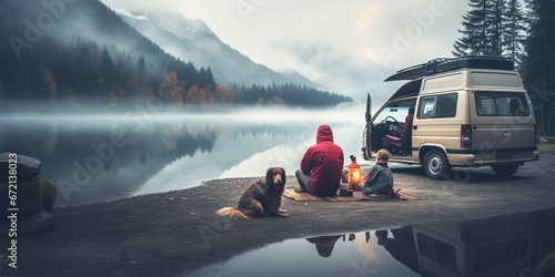 young couple with dogs in a camping van