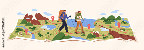 Hikers couple travel on map. Tiny tourists hiking, trekking in nature. People backpackers with backpacks walking outdoors. Holiday route, adventure, journey, tourism concept. Flat vector illustration