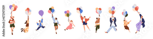 Happy people flies with balloons in hands. Carefree characters in flight, flying up with air baloons. Freedom, energy, fun, joy concept. Flat graphic vector illustrations isolated on white background