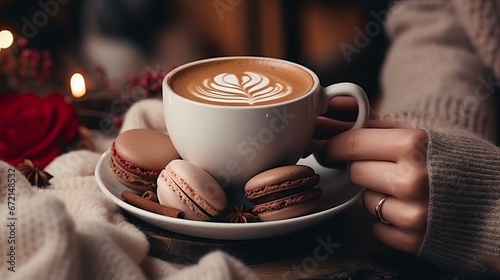 Hands holding coffee treats and flavors on wooden provincial foundation. in vogue winter level lay. space for content. cozy temperament harvest time. regular occasions concept