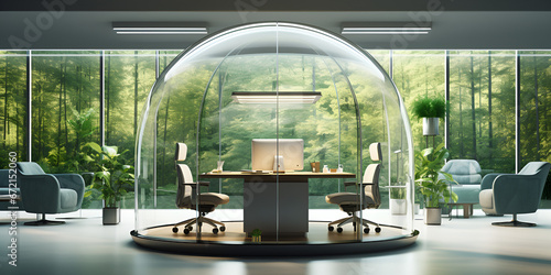 The Office in a Bubble working inside a protective energy bubble, Modern office interior with furniture Generative Ai