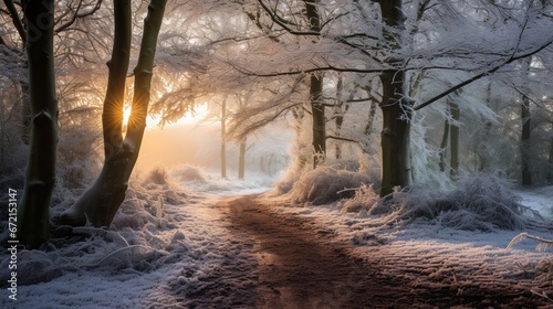 Wonderful view of a pathway in a woodland with trees secured with ice