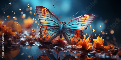 Wunderschöner Schmetterling in blauen Farben und Punkten im Querformat für Banner, ai generativ