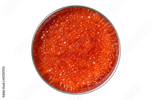 Red caviar in skillet on wooden board. Transparent background. Isolated