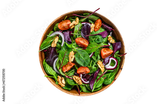 Fresh vegetable green salad with leaves mangold, swiss chard, spinach, arugula and nuts. Transparent background. Isolated