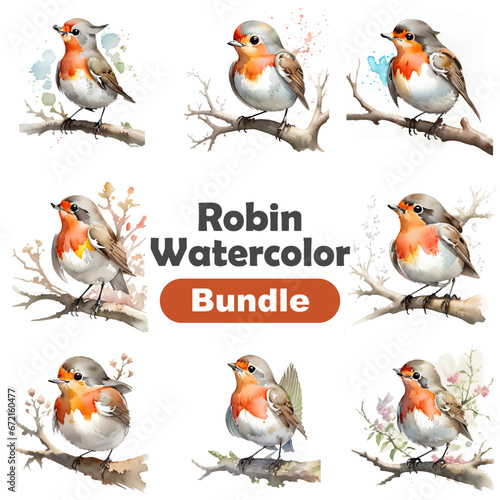 Cartoon robin bird icon set. Cute bird in different poses. Vector illustration for prints, clothing, packaging, stickers.