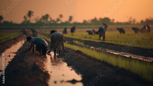 manual workers sowing rice in rural india