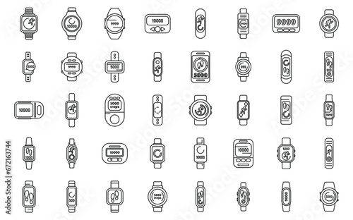 Pedometer icons set outline vector. Woman sport app. Activity tracker body
