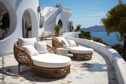 Two deck chairs on terrace with pool with stunning sea view. Traditional mediterranean white architecture with arch. Summer vacation concept 