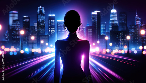 Silueta de una mujer parada frente a una ciudad por la noche.png