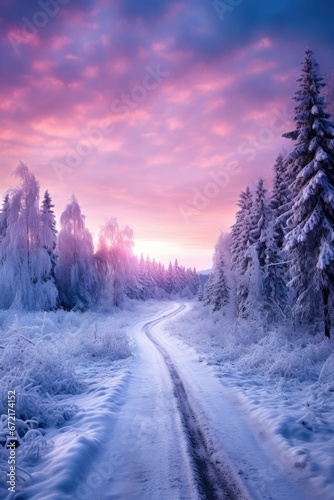 Winter night landscape. Forest, trees and road covered snow. Winterly evening with first stars. Purple landscape with sunset. Happy New Year and Christmas concept