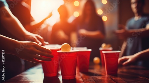 Cups and plastic ball for beer pong game on table.