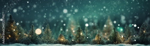 season greetings concept with blurry snowy pine trees and lights. Generative AI